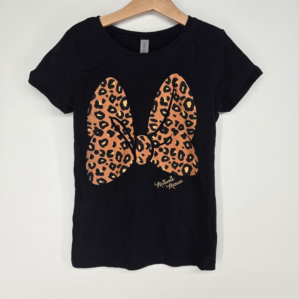 Next Level Minnie Mouse T-Shirt Girls M 7/8 Black Leopard Bow Graphic Disney Tee